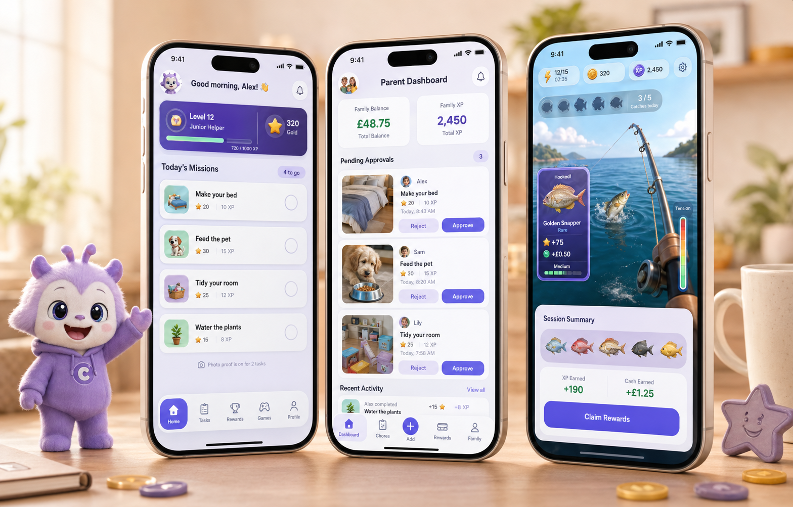 Chorbie companion beside iPhone screens for child chores, parent approvals and Tide Caster rewards